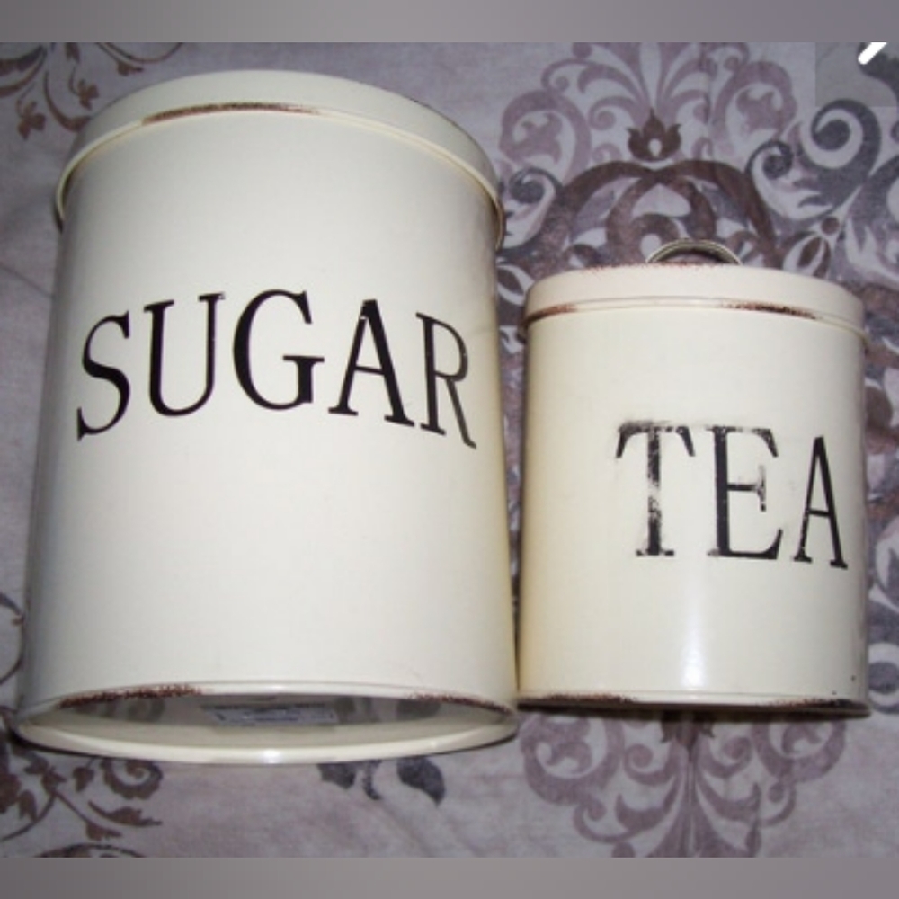 Country Farmhouse SUGAR & TEA Yellow Metal Kitchen Canisters New